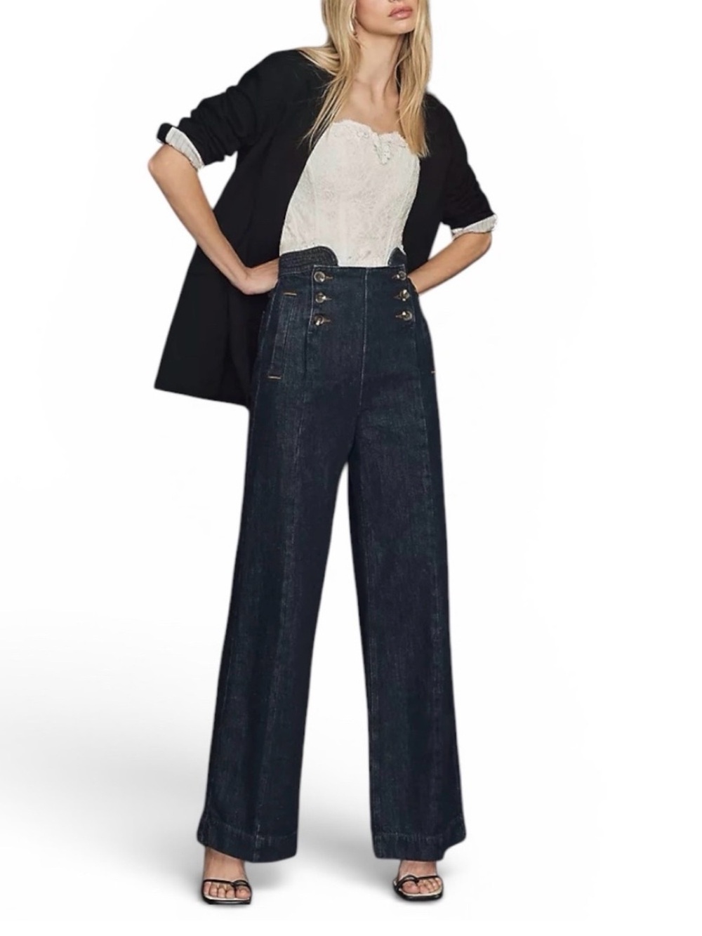 High-Rise Sailor-Button Wide Leg Jeans - Dark Indigo NEVER WORN